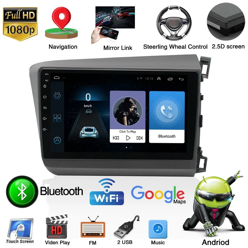 

Car Electronics 9" Android 9.1 Car Radio Stereo GPS Navi 2GB+32GB W/ Canbus Fit for Honda Civic 2012-2015 Car Multimedia Palyer