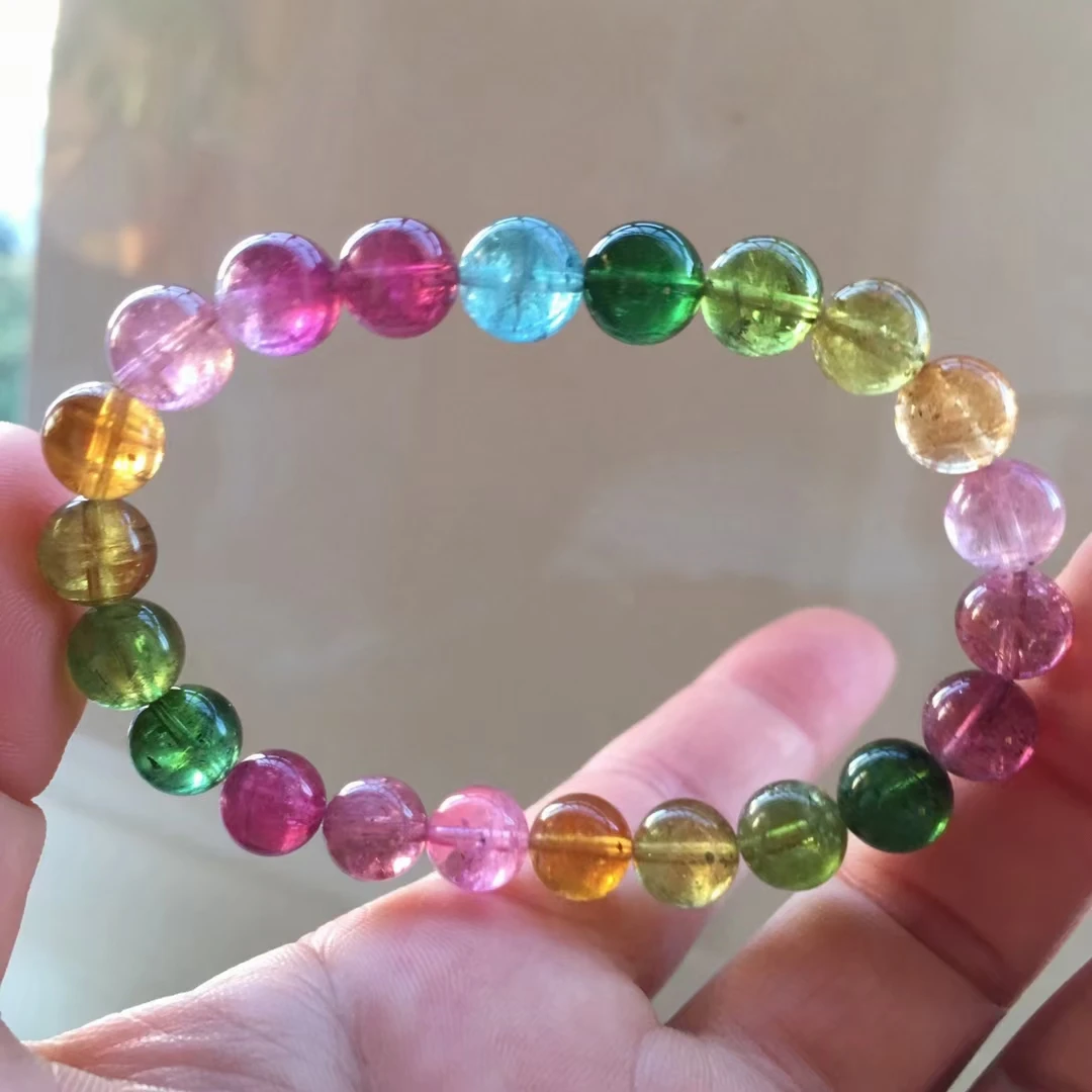 

Genuine Natural Colorful Tourmaline Colorful Bracelet Clear Round Beads 8.5mm Women Men Crystal Jewelry Genuine AAAAAA