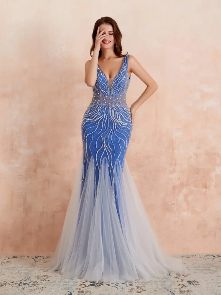 Picture Color 3 Erosebridal Русалка вечернее платье длинное светильник серый бисером роскошное длинное торжественное платье со шлейфом открытая спина - Цвет: Picture Color 3