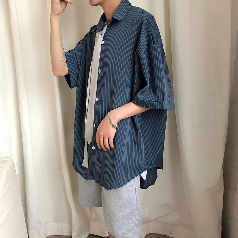 Мужская свободная рубашка с коротким рукавом черная/зеленая/темно синяя принтом