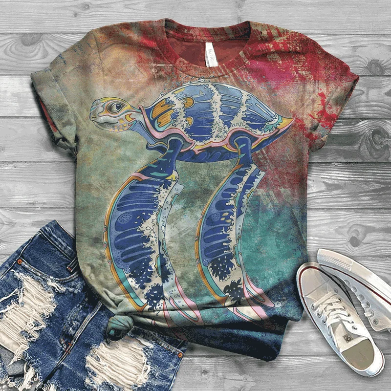 

2021 fashion casual men's and women's summer round neck 3D turtle print T-shirt children's street outdoor comfortable inch shirt