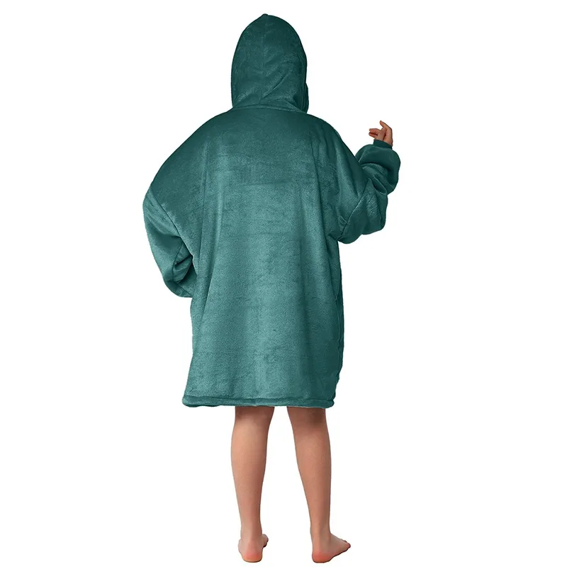 

One size fits all children's simple long sleeve hooded Nightgown long Flannel Pajamas Wearable Blanket Top Sweatshirt