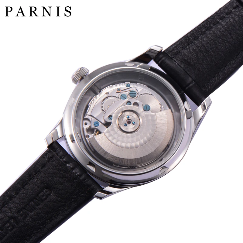 

Parnis Watch Skeleton Crystal Glass Calendar 30m Waterproof Swimming Mechanical Wristwatch for Men