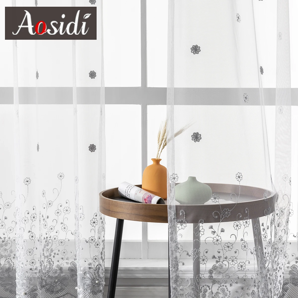 

Luxury Sheer Curtains for Living Room Bedroom Tulle for Windows Treatment Embroidered Voile Wedding Decor Drape Beaded Cortinas