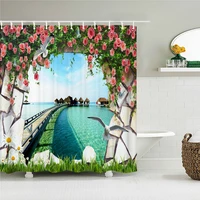 landscape printing fabric shower curtain bathroom curtains waterproof flower bird seaside scenery bath curtain decor with hooks