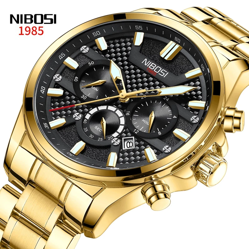 

Новинка 2022, роскошные мужские кварцевые часы от ведущего бренда NIBOSI из нержавеющей стали, Золотые спортивные водонепроницаемые светящиеся ...