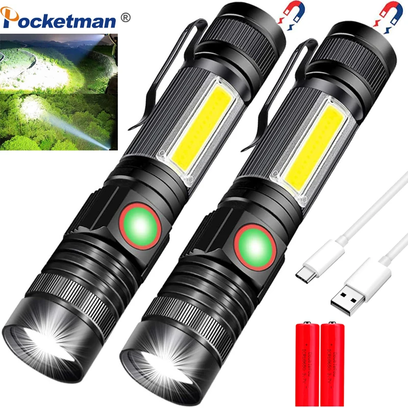

Pocketman COB+LED Flashlights Magnetic Tail Work Light USB Rechargeable Flashlight Waterproof Torch Long Range Zoom Flashlight