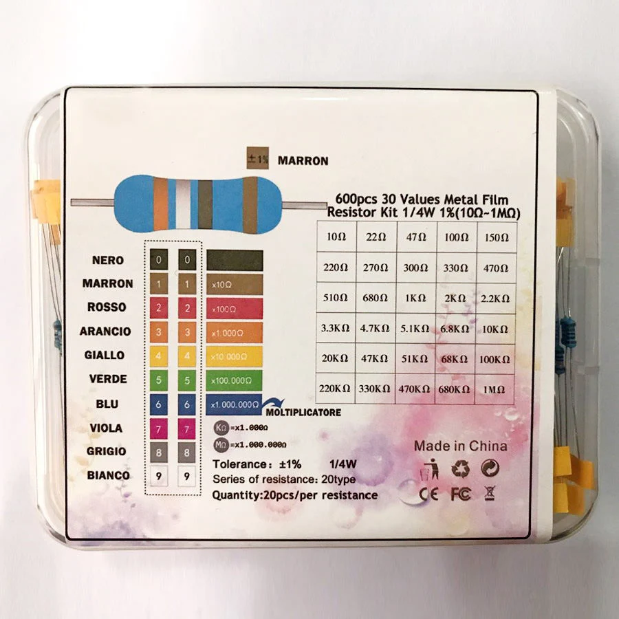 

600pcs/lot 30Values* 20pcs 1% 1/4 W resistor pack set diy Metal Film Resistor kit use colored ring resistance (10 ohms~1 M ohm)