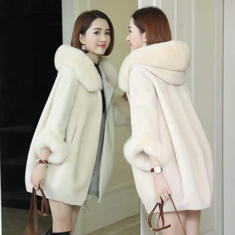 

New Winter Clothing Imitate Fur Coat Female Mid-length Imitate Fox Fur Collar Hooded Imitate Sheep Shearing Women Coat