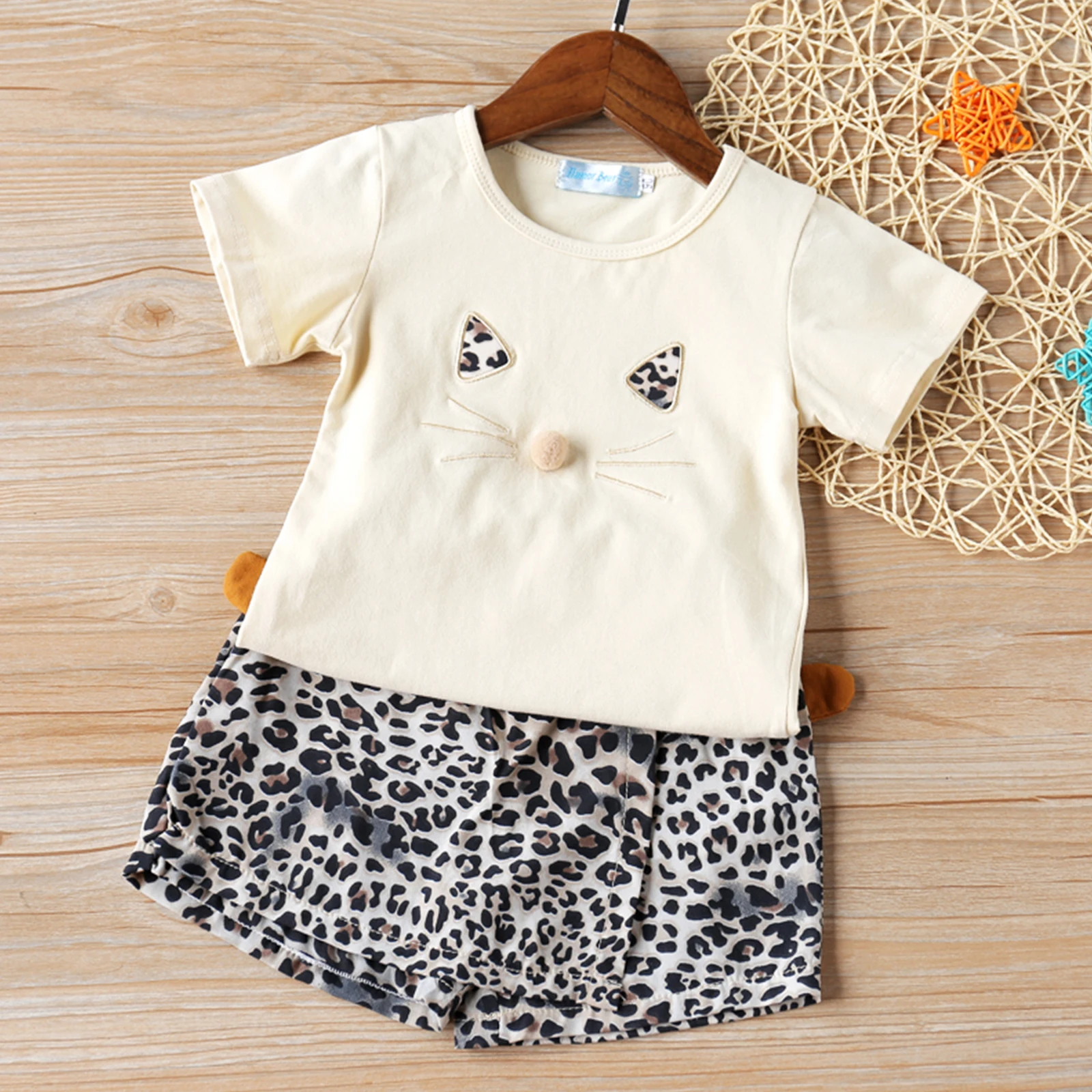 

Toddler Baby Girls Summer Outfit Short Sleeve round neck Cartoon Cat T-shirts Leopard print Skirts shorts 2Piece casual Suits