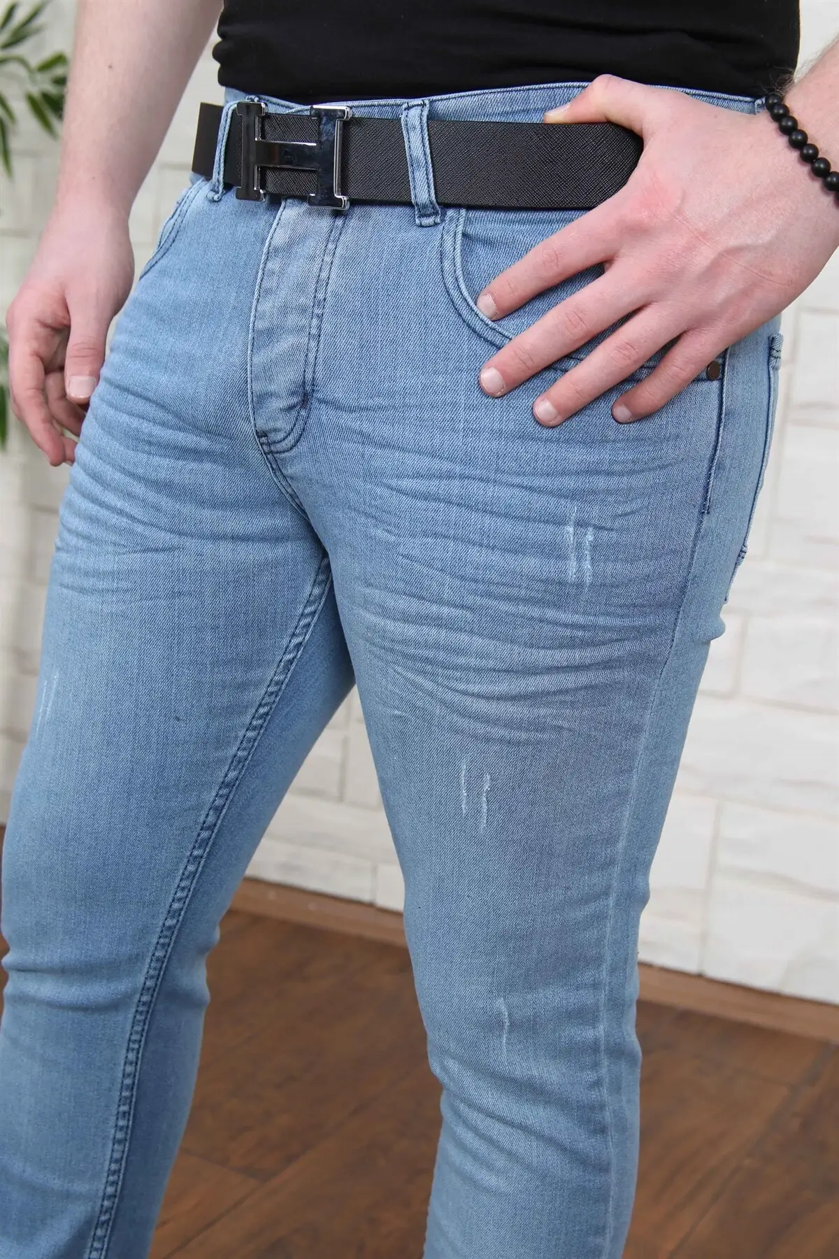 Slimfit синие джинсы штаны растяжимые прочный английский нитки пуговицы 2021 Мужская