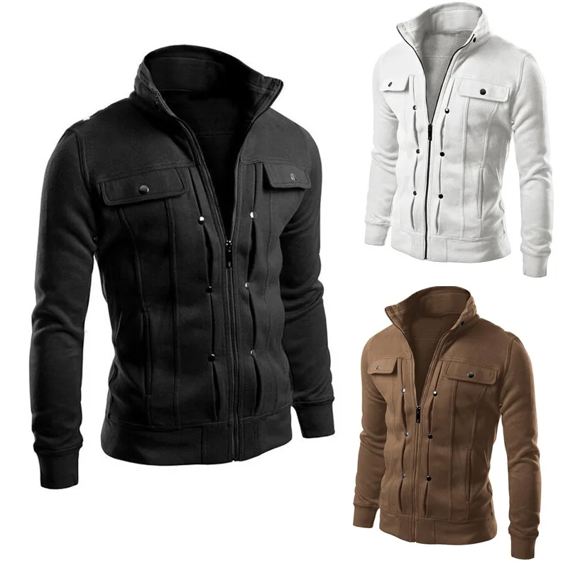 Мужская модная куртка размера плюс одноцветная со стоячим воротником уличная