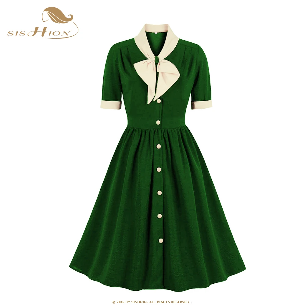 

Женское винтажное платье с отложным воротником SISHION, элегантное черное платье с бантом и коротким рукавом, ТРАПЕЦИЕВИДНОЕ винтажное платье ...