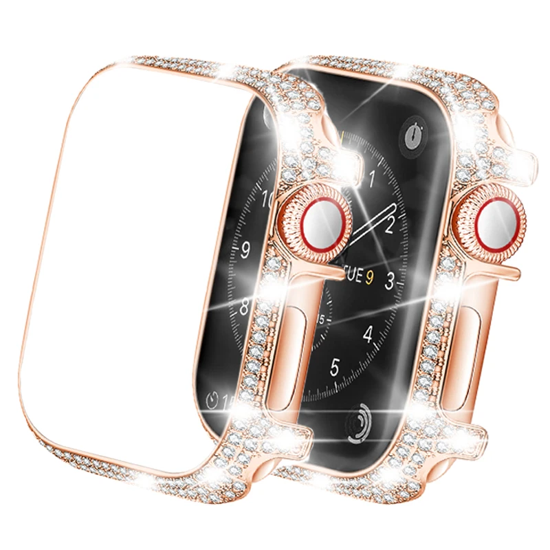 

Stainless Steel Diamond Case For Apple Watch 7 45mm 41mm Bumper iWatch SE 6 5 4 44mm 40mm Correa Women Metal Protective Case