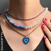 3 pcs boho blue layered heart pearls beaded necklaces asymmetry clay bead enamel necklaces crystal choker sweet jewelry gift new