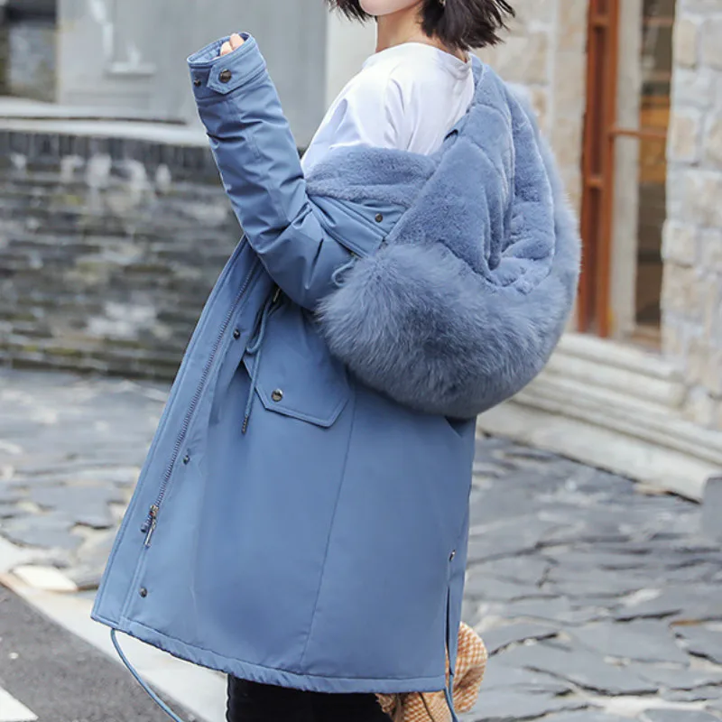 Женская парка с капюшоном длинная двухсторонняя теплая куртка большим меховым