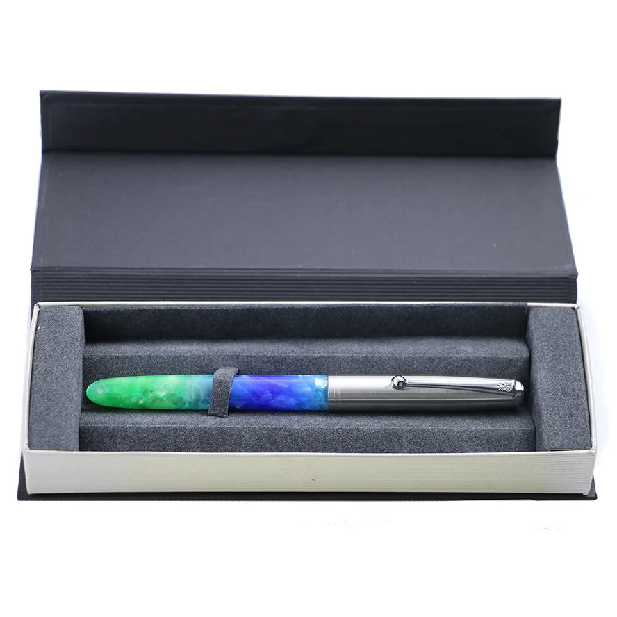 Fluorescent blue Высококачественная перьевая ручка Jinhao 51a из органического стекла, 0,38 мм, очень тонкая, с подарочной коробкой, школьные офисные принадлежности - Цвет: Fluorescent blue