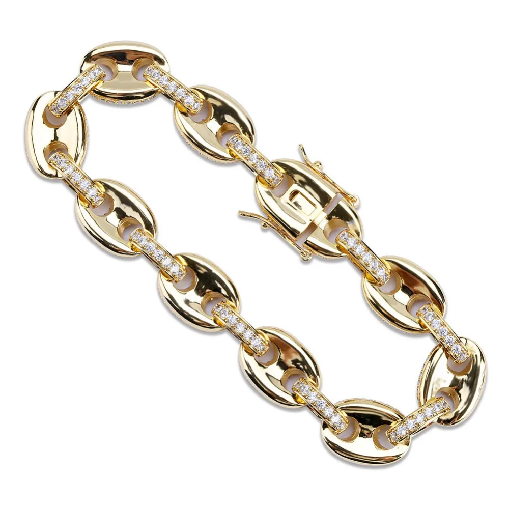 Hip Hop Jewelry Chunky Iced Out Cubic Zircon Solid Charm Bracelets Gold Silver color Cuban Chain Men Bracelet Pulseras Mujer | Украшения и