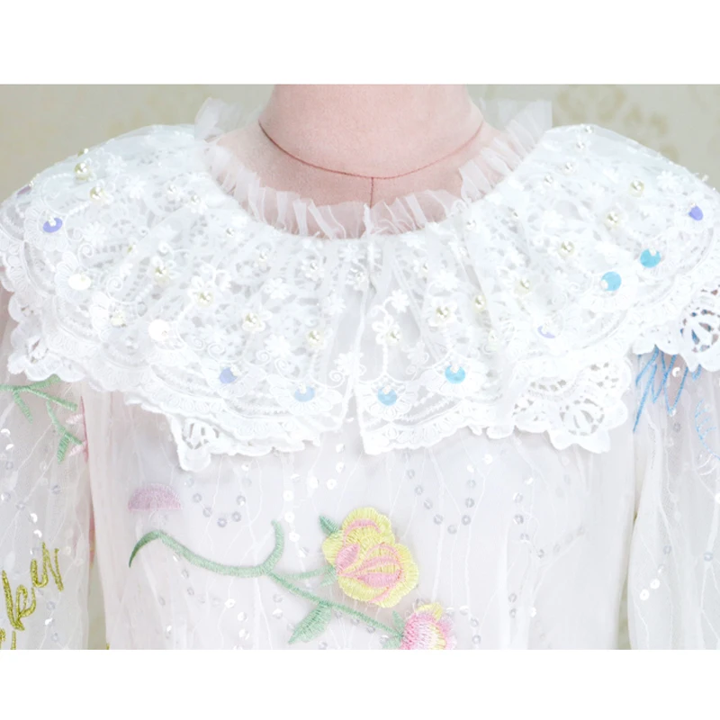 

AELESEEN Runway Fashion Princess White Dress Long Sleeve Lace Collar Beading Diamonds Flower Embroidery Elegant Party Dress