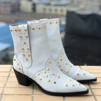 

Botas De Mujer Autumn Winter Black White Ankle Boots For Woman Gold Rivets Chunky Med Heels Cowboy Boots Punk Femmes Bottes