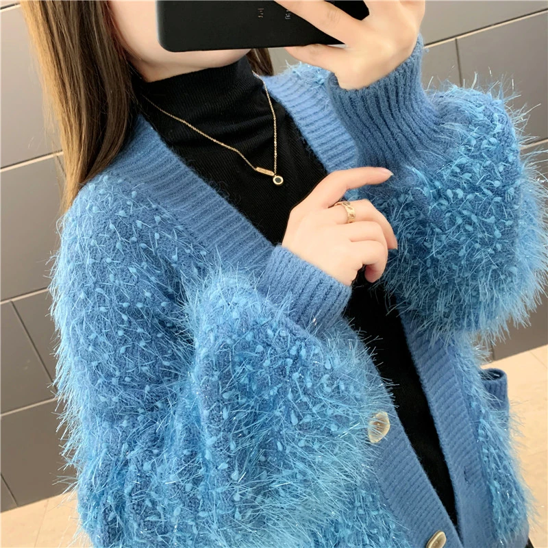 

2020 Spring Autumn Fashion Plush Knitted Women Cardigan tops Harajuku Casual Single-breasted Solid Color Loose coat tide G166