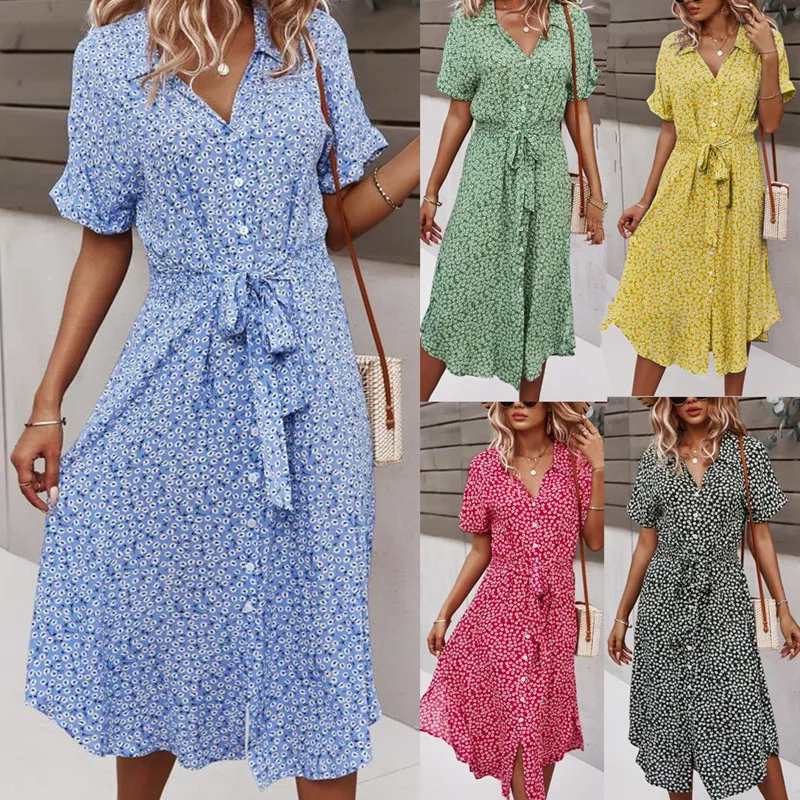 

Summer Bandage Shirts Dress Women Casual Short Sleeve V-neck Button Beach Print Midi Dress Summer Holiday Style Dresses