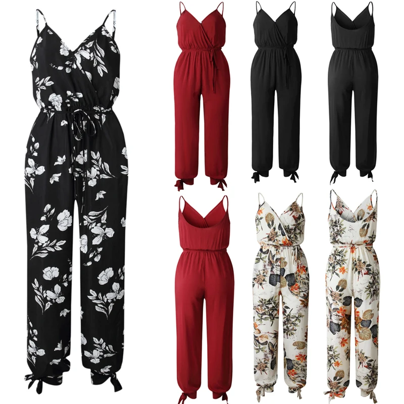 

Hot Casual Women Sleeveless Loose Baggy Trousers Overalls Pants Solid Romper Jumpsuit Backless V-neck Women's Floral Clubwear