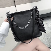 rivet bucket bag for woman black vintage shoulder bags female crossbody bag with ribbon new ladies handbags fashion chains sac