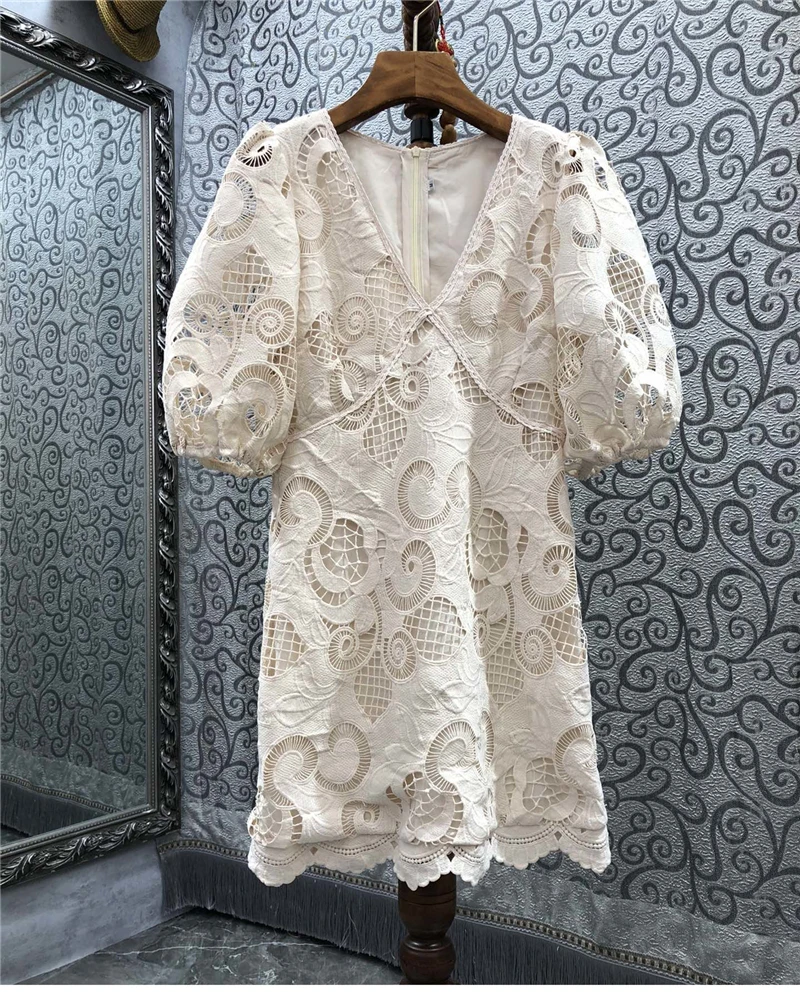 

High Quality Lace Dress 2021 Summer Sexy Party Women V-Neck Allover Crochet Lace Embroidery Short Sleeve White Red Apricot Dress