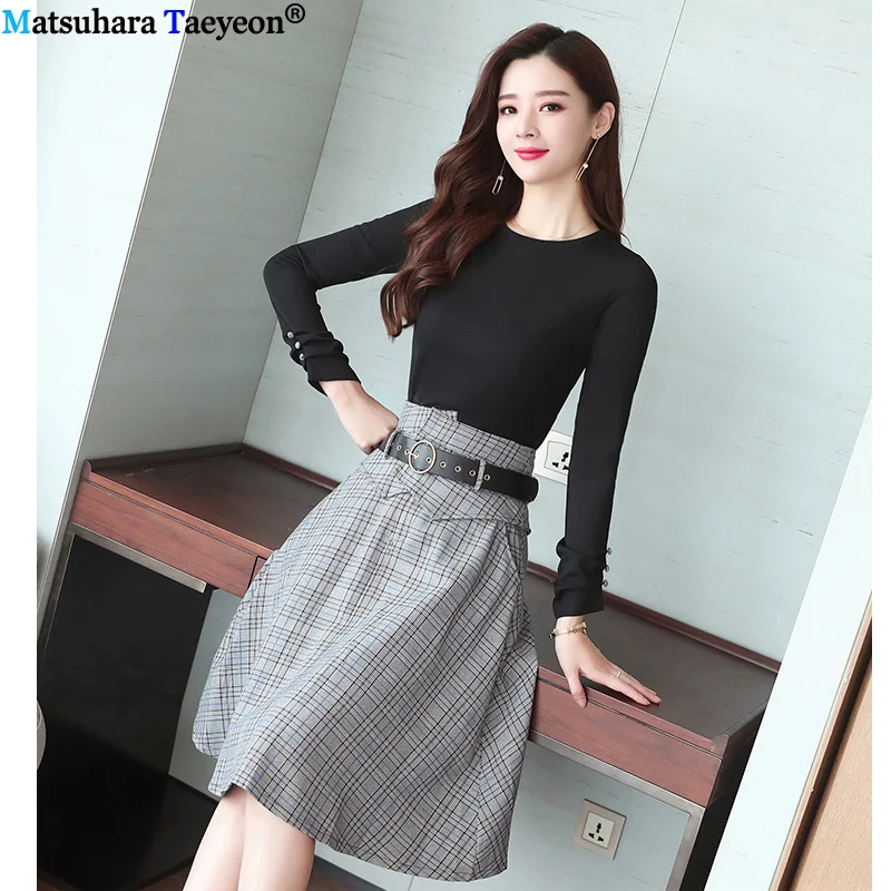 

Woman Skirts Set 2 piece skirt set with belt two piece outfits winter clothes office Elegant Skirts women+Holes Belt clothes