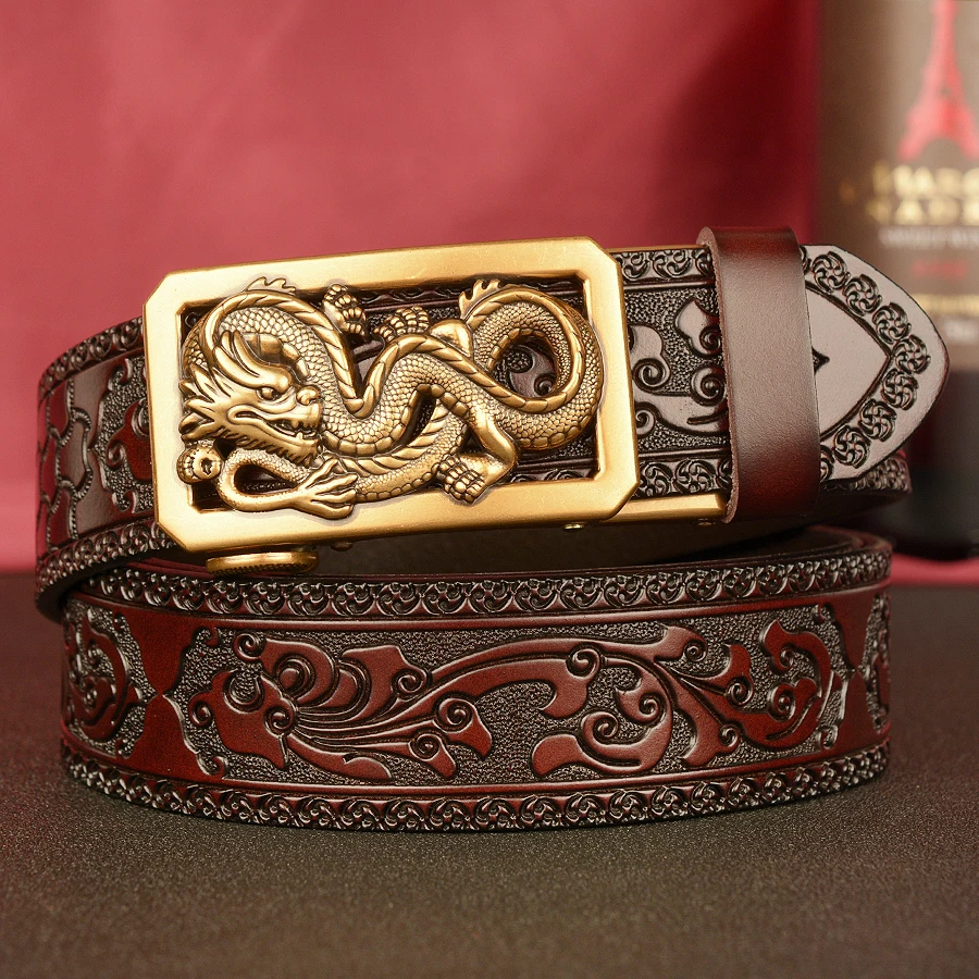 

New Fashion Chinese Dragon Vintage Auto Lock Buckle Men Belts Genuine Leather Designer Strap Dress Belt for Men Waistbands