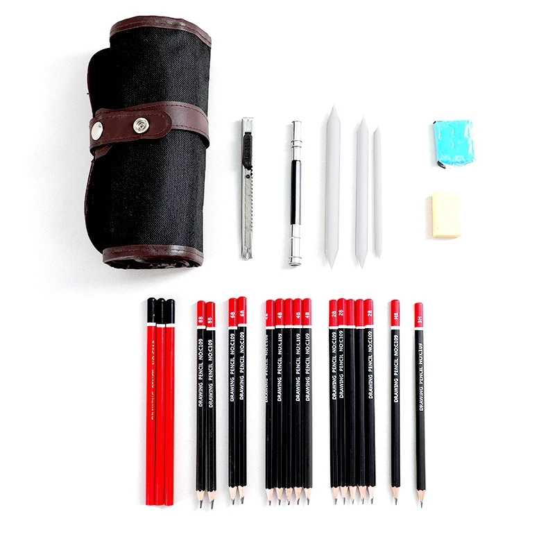 HOT-28Pcs Professional Sketch & Drawing Art Tool Kit with Graphite Pencils, Charcoal Pencils, Paper Erasable Pen, Craft Knif