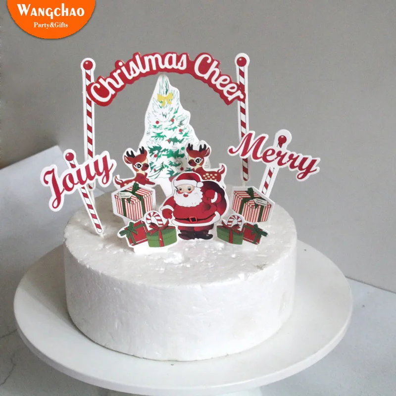 

Merry Christmas Cake Topper Santa Elk Gift Box Tree Snowman Bear Penguin Xmas Decoration for Home Party Supplies Kids Favors