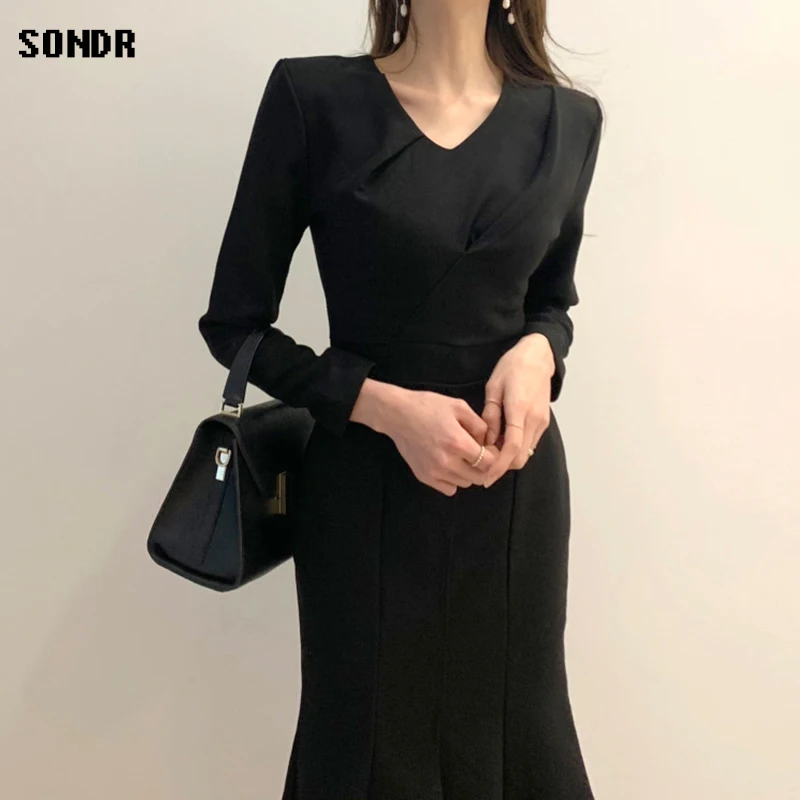 

Korean One-Piece Women'S Dresses 2020 Spring Autumn New Female Vintage V-Neck Slim Dress Ruffled Fishtail Dress Bag Hip Dresses