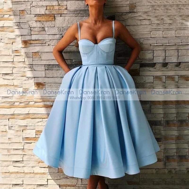 

Short Homecoming Dresses Tea Length With Pockets Light Blue Satin Short Cocktail Dresses Gala Spaghetti Straps A-Line Vestido