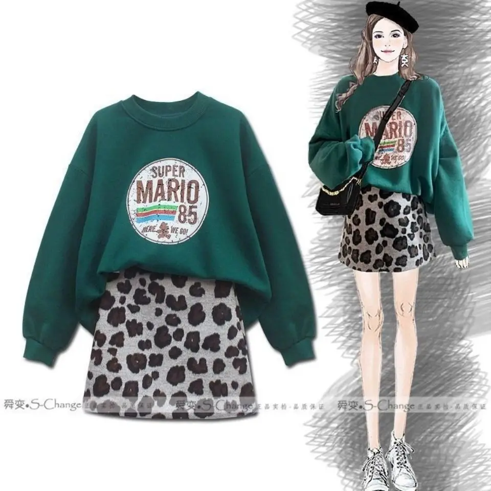 

Женский Осенний новый модный костюм зеленый свитер + тонкая леопардовая юбка костюм из двух предметов