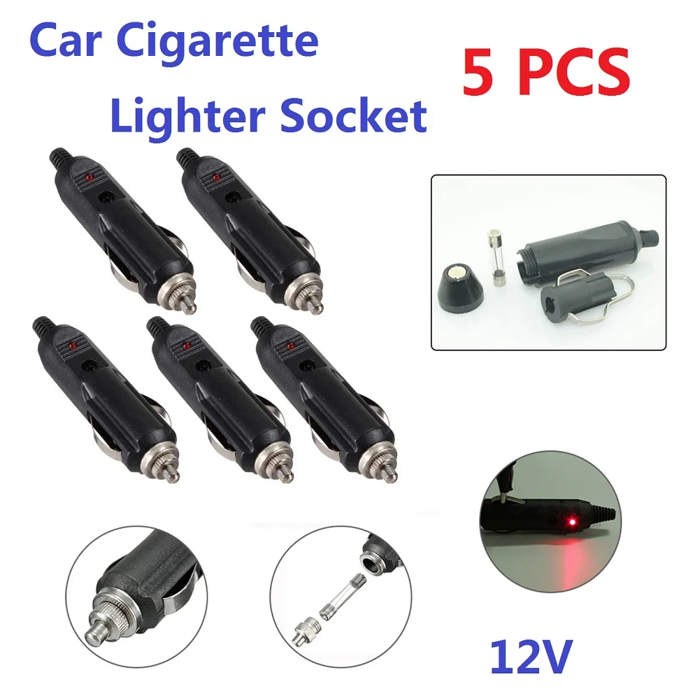 

12V High Power Male Car Cigarette Lighter Socket 5Pcs Plug Connector indicator LED Durable practical High Temperature Resistance