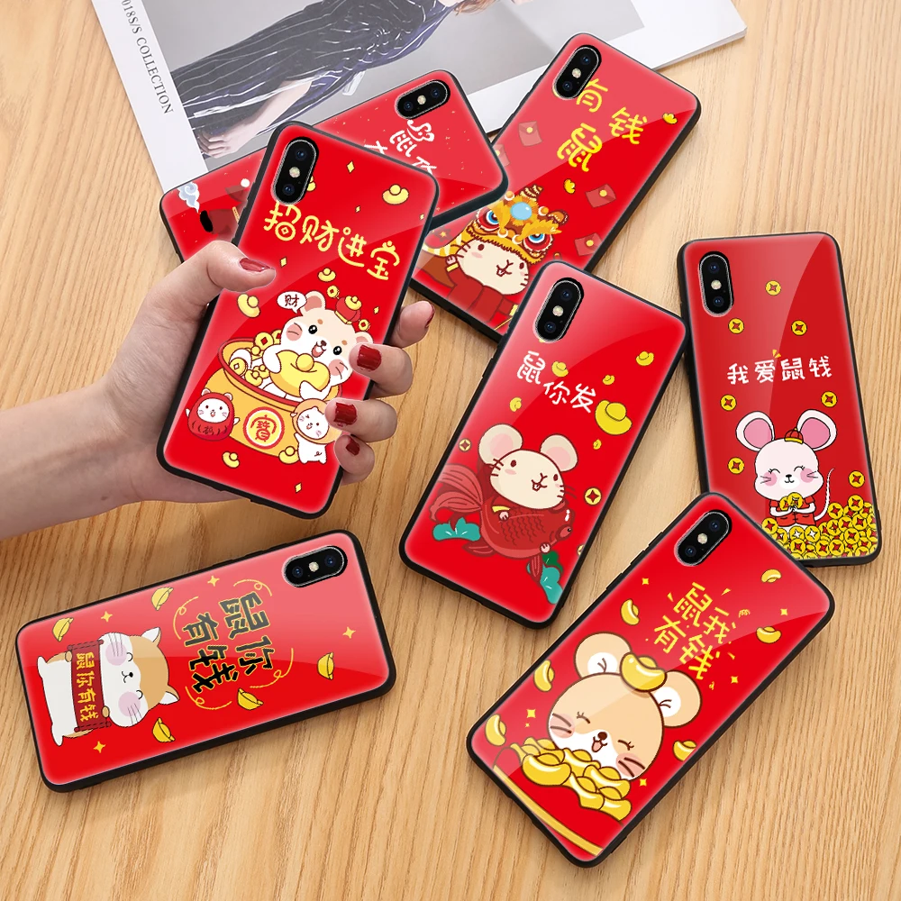 Cut Mouse Pattern Tempered Glass Case For iPhone 11 Pro Max X Xs Xr 8 7 6 6S Plus Red Back |