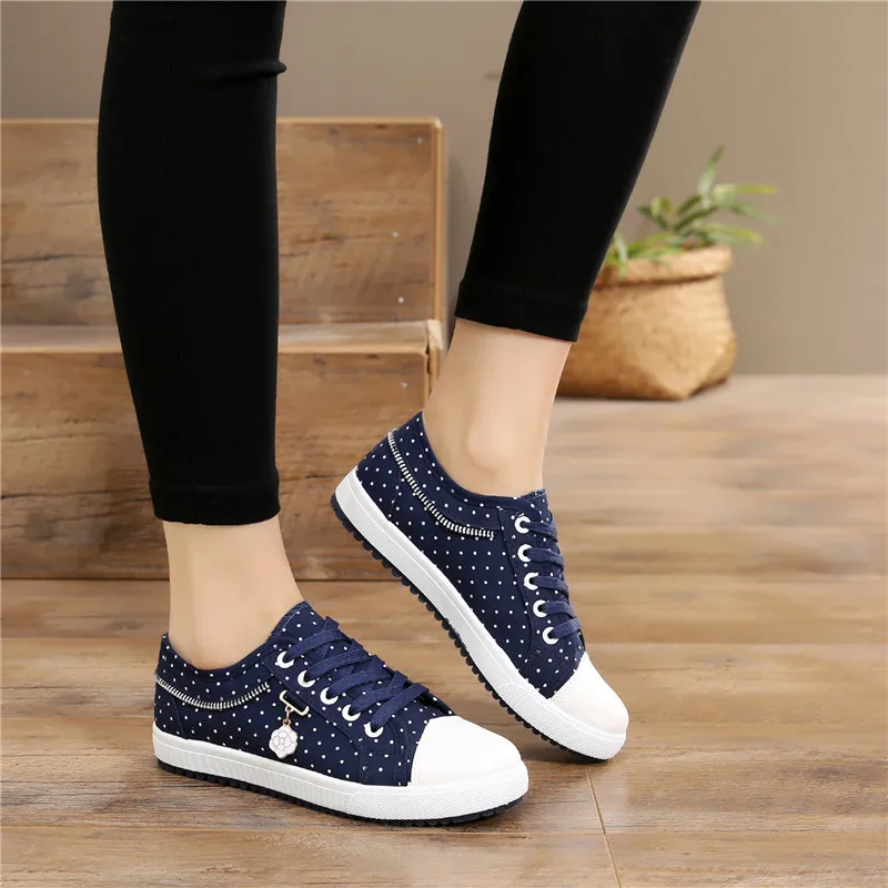 Кеды женские в горошек Вулканизированная плоская подошва джинсовые кроссовки на