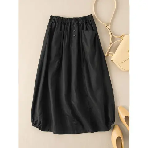 2021 Summer New Imitation Linen Retro Skirt Female Summer Mid-length High-waisted A-line Thin Literary Temperament Large Size