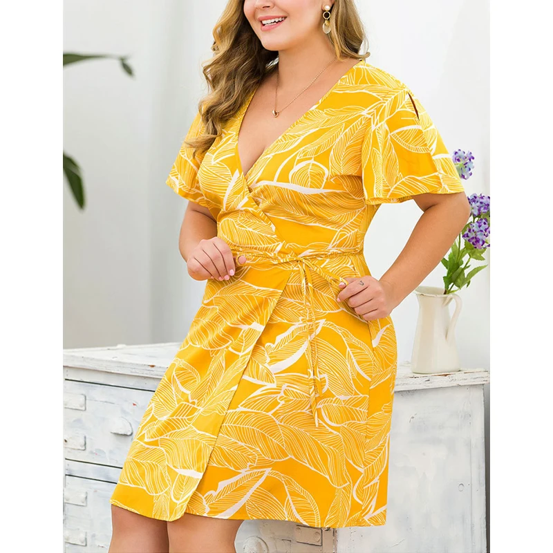 Желтое платье с v образным вырезом и коротким рукавом принтом модная летняя