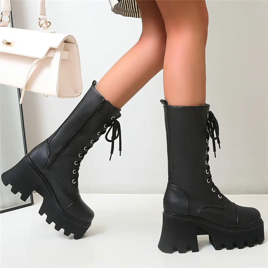 

Punk Goth Creepers Women Lace Up Chunky High Heels Motorcycle Boots Female High Top Round Toe Platform Pumps Shoes Casual Shoes