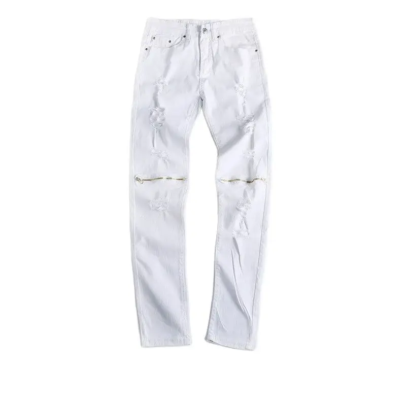 

Men's Jeans Trendy Ripped Zipper Trousers Youth Slim Stretch White Pants