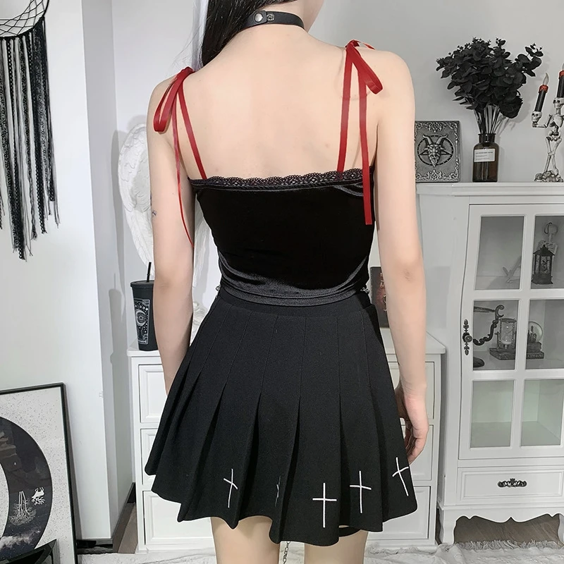

2021 Women's New Halloween Short Sexy Casual Dark Cross Stitch Sleeveless Self-lacing Cross-print Lace Trim Camisole Black S/M/L