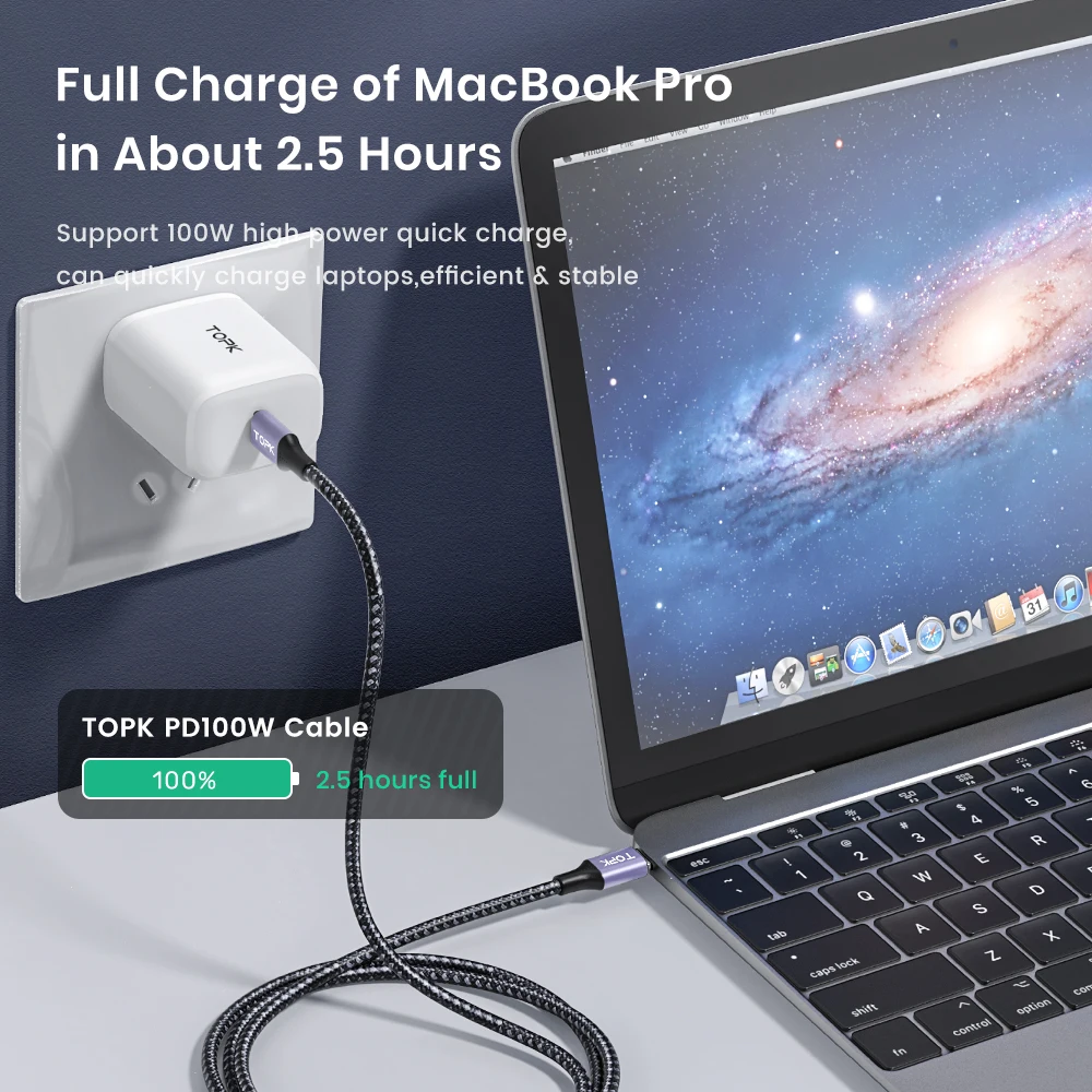 TOPK AC10 100 Вт USB C к Type кабель 5A Быстрая зарядка для телефона зарядный шнур Macbook Pro iPad