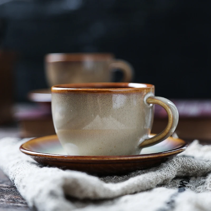 Japanese-style Retro Stoneware Coffee Cup Saucer Vintage Ceramic Quaint Breakfast Afternoon Tea Milk Mugs Dessert Cake Tray | Дом и сад