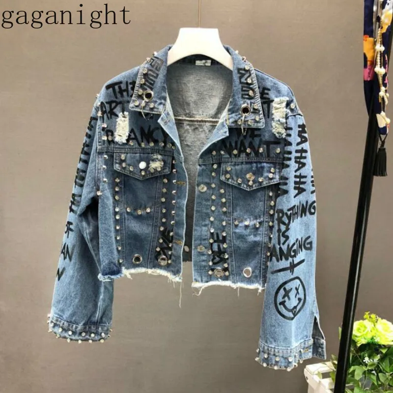Gaganight Harajuku заклепки Для женщин уличная джинсовая куртка потертные рваные