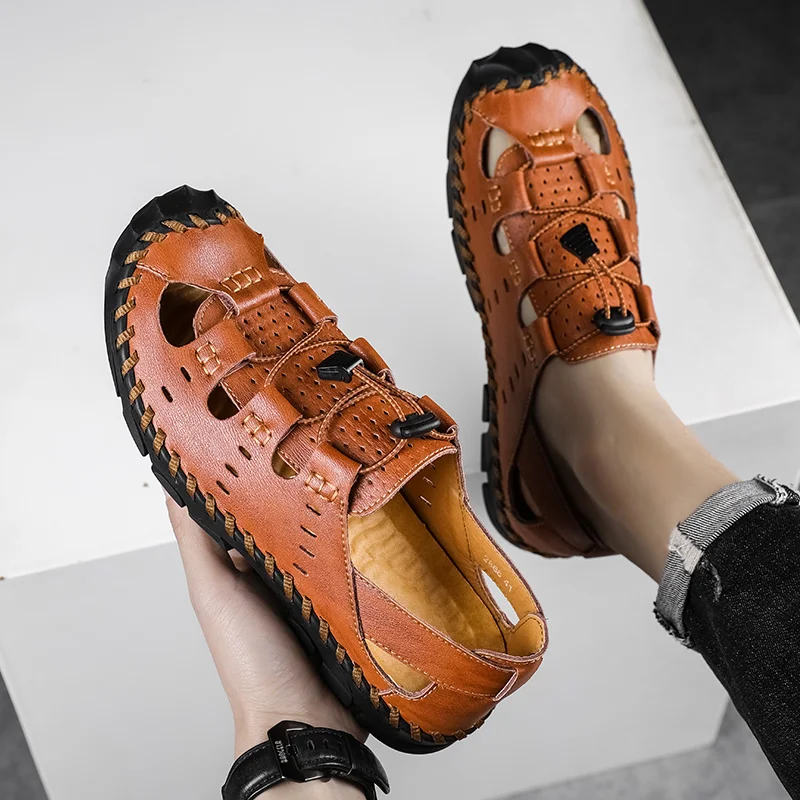 

Мужские сандалии из натуральной воловьей кожи, Нескользящие, Повседневная дышащая обувь, для походов, большие размеры 38-48, лето