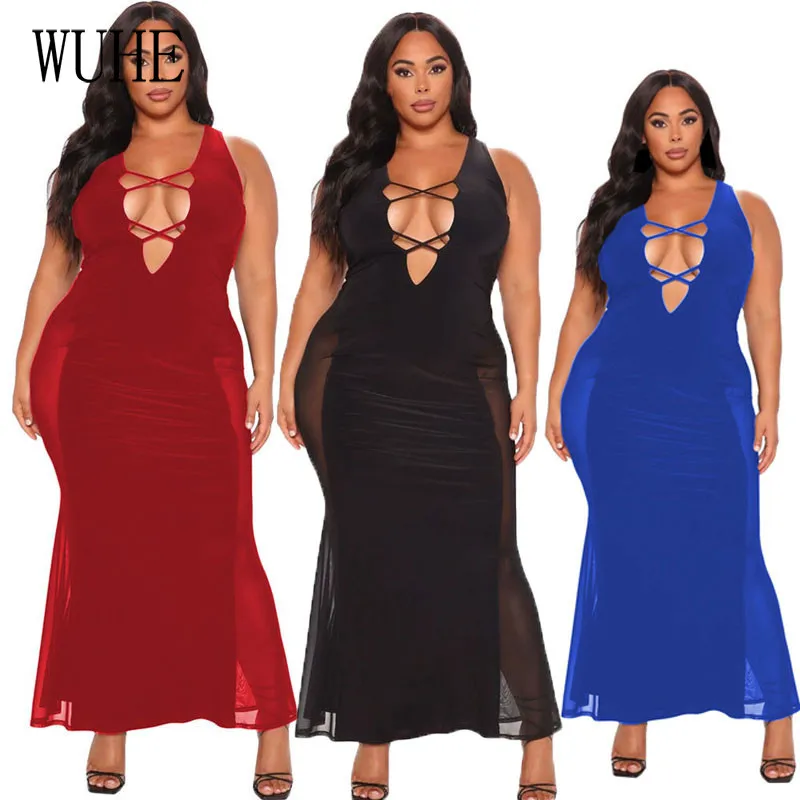 

WUHE Patchwork Mesh Women Bodycon See Through Deep V Neck Bandage Sleeveless Off Shoulder Bag Hip Party Club Summer Dresses