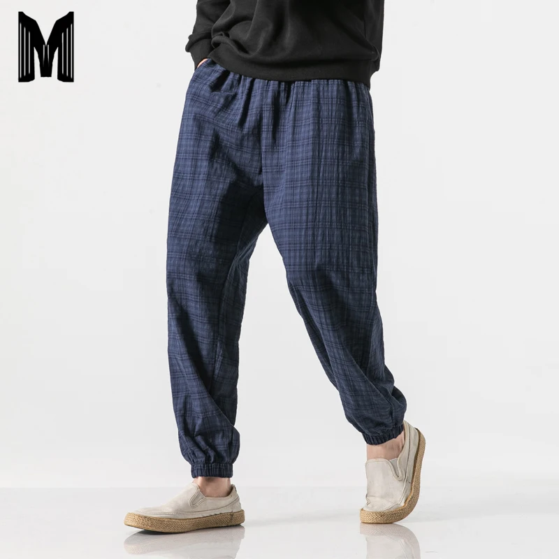 Autumn New Casual Pants Men Cotton Linen Slim Fit Grid Fashion Trousers Male Brand Clothing Plus Size 5XL Y1864